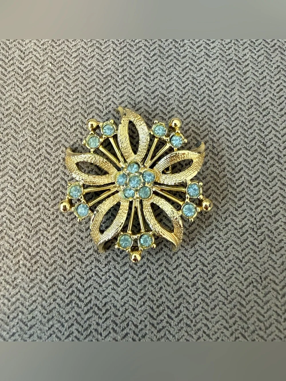 Vintage Gold Floral Crystal Brooch - Blue Accent